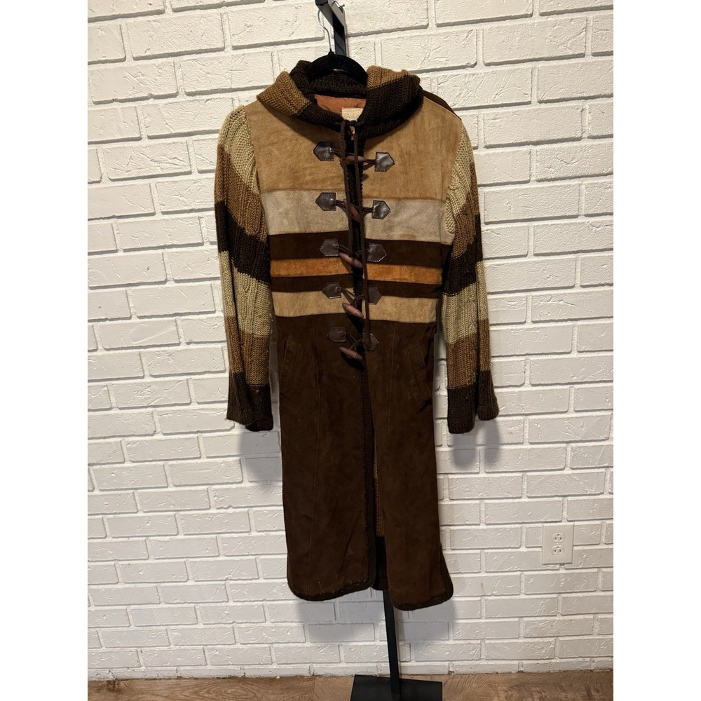 Vintage 1970s‎ Edelstein Imports Suede Patchwork Hooded Coat Boho Folk Festival - Picture 3 of 9